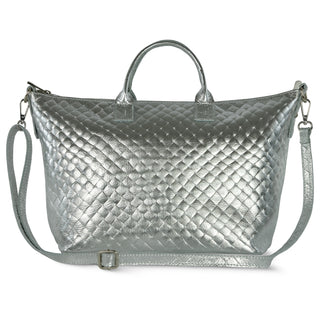 Italian Genuine Woven-Embossed Metallic Suede Top-Handle Bag | Urbino - Glamourous Grace