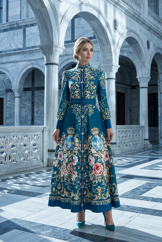 Teal Blue Baroque Print Belted Maxi Dress