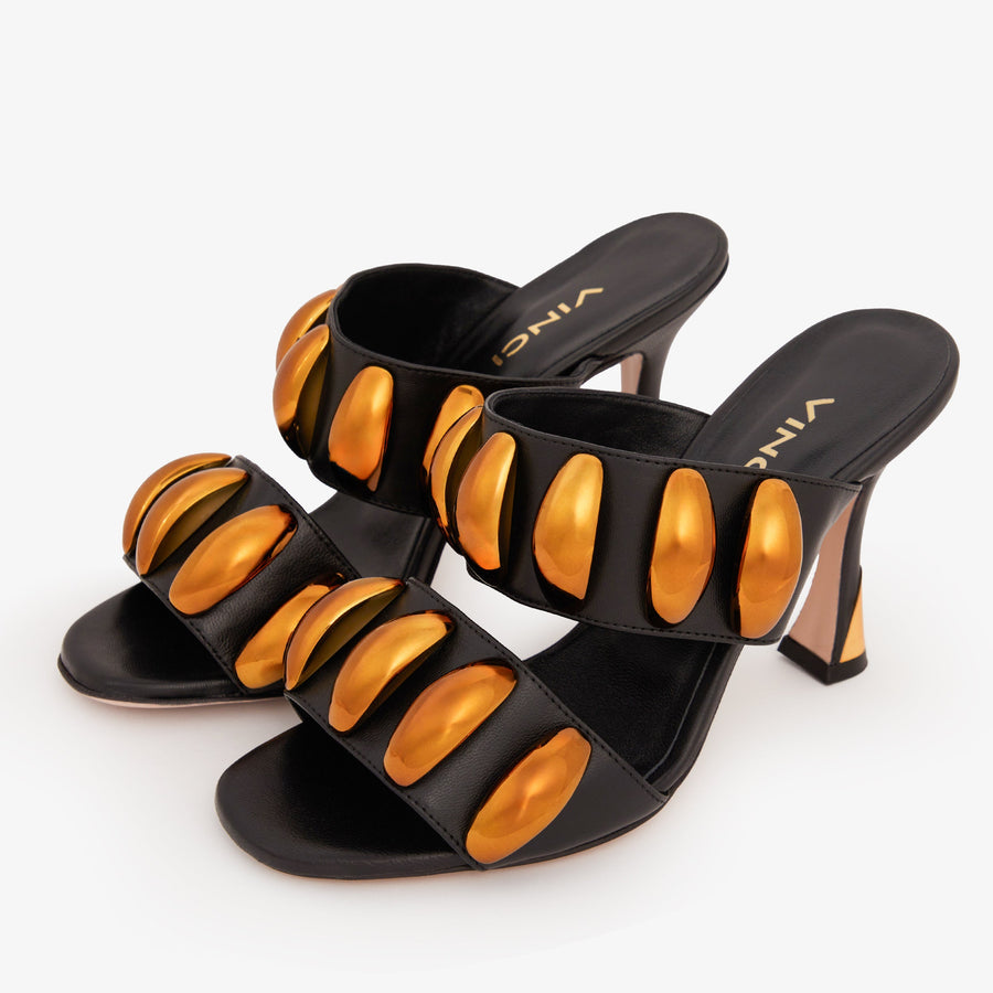 The Eclipse Black & Gold Leather Women Sandal - Glamourous Grace