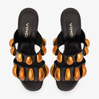 The Eclipse Black & Gold Leather Women Sandal - Glamourous Grace
