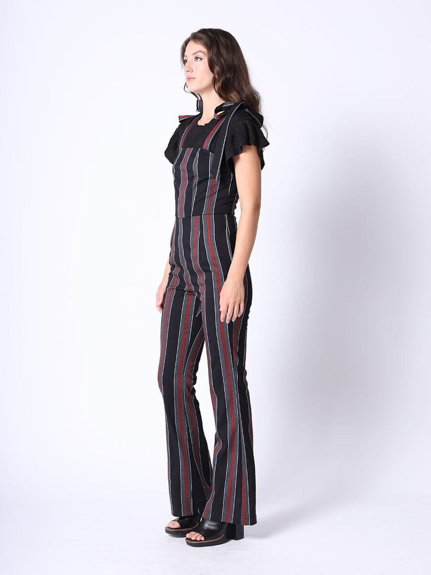 Tie-Shoulder Wide Leg Striped Overall Jumpsuit