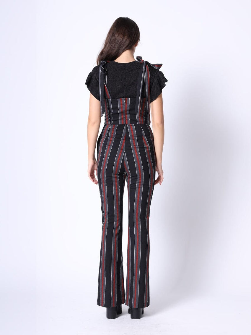 Tie-Shoulder Wide Leg Striped Overall Jumpsuit