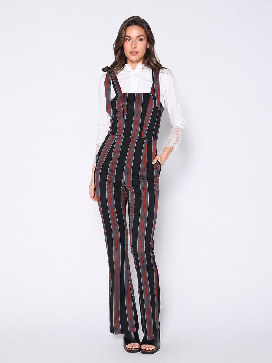 Tie-Shoulder Wide Leg Striped Overall Jumpsuit - Glamourous Grace