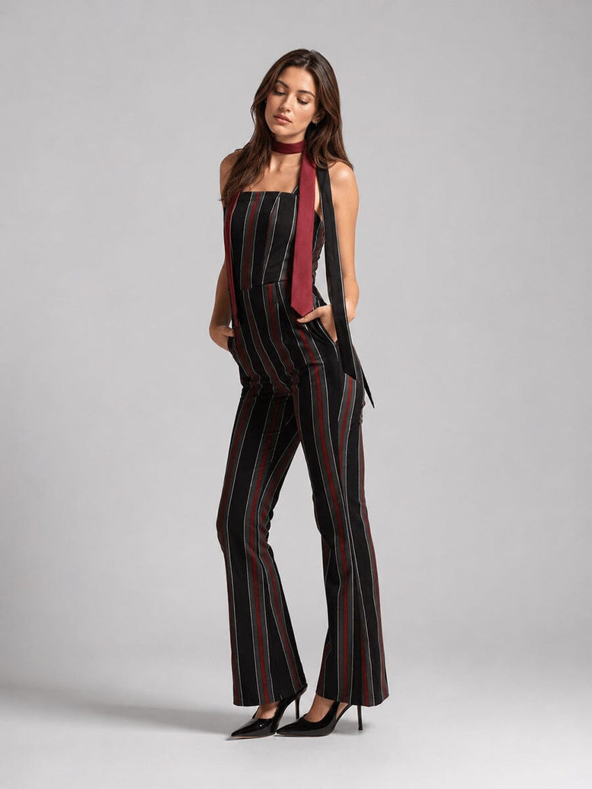 Tie-Shoulder Wide Leg Striped Overall Jumpsuit