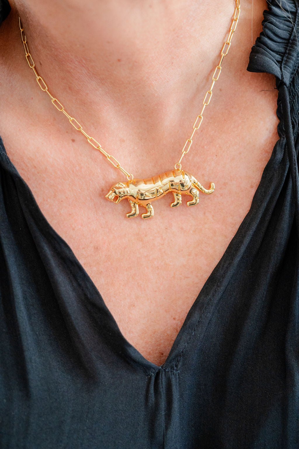 Tiger Body - 3D Gold Charm Necklace - 18k Gold Plated - Paperclip Chain - Glamourous Grace