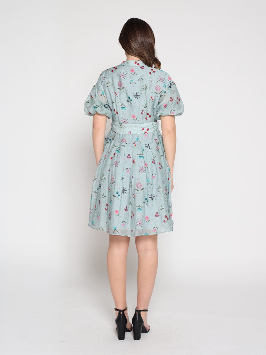 Tiny Floral Print Band Collar Belt Dress - Glamourous Grace