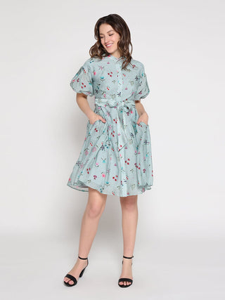 Tiny Floral Print Band Collar Belt Dress