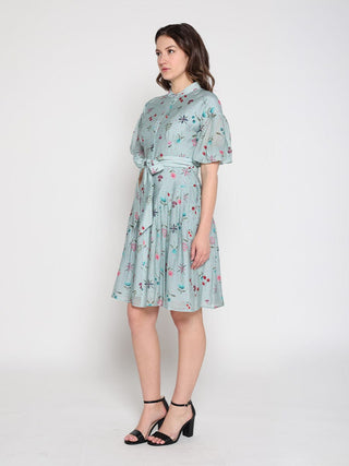 Tiny Floral Print Band Collar Belt Dress