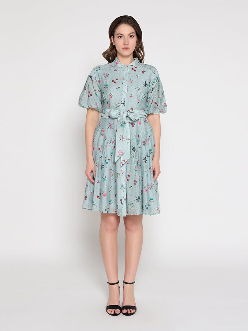 Tiny Floral Print Band Collar Belt Dress
