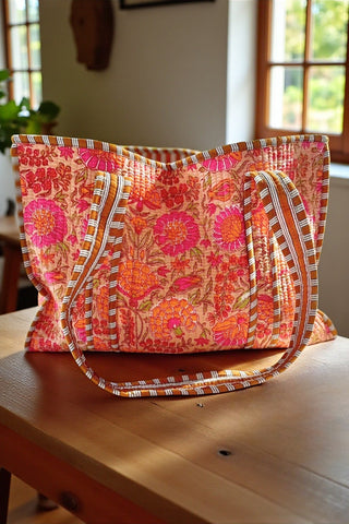SC - Rue Orange Floral Patterned Tote Bag - Glamourous Grace