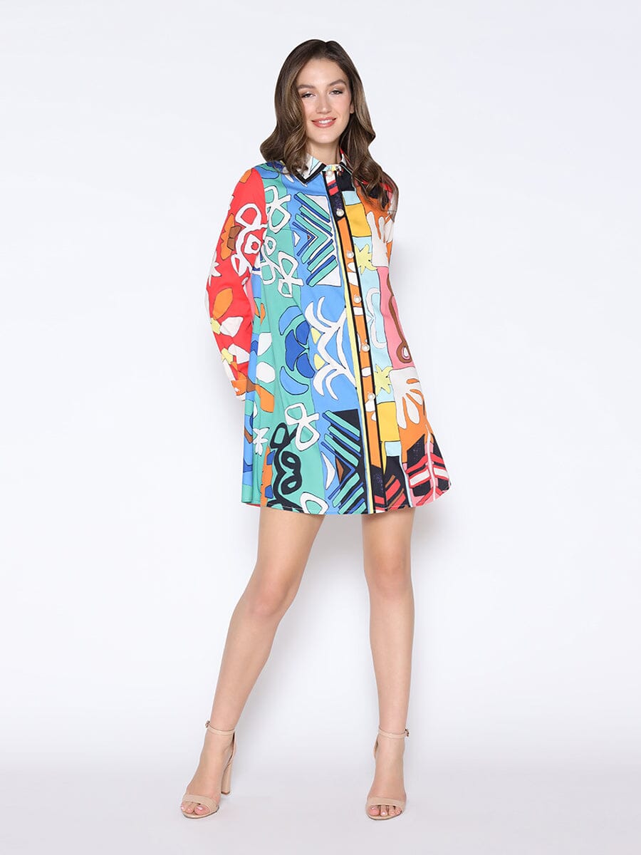 Tribal Print Pearl Button-Down Shirt Dress - Glamourous Grace