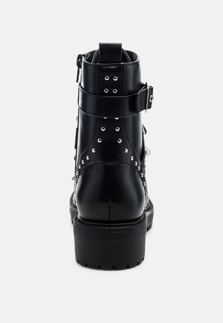 Tucker Studded Strped Lace-Up Biker Boots - Glamourous Grace