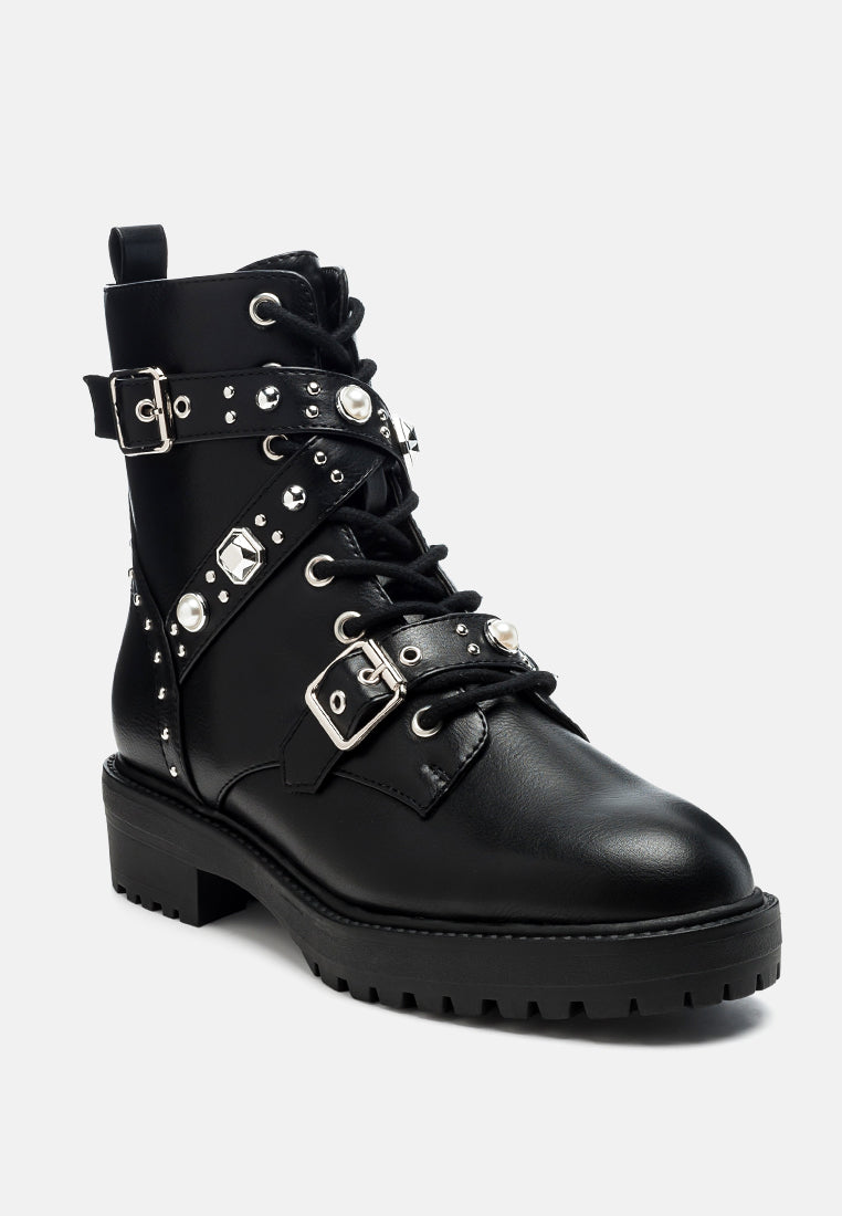 Tucker Studded Strped Lace-Up Biker Boots - Glamourous Grace