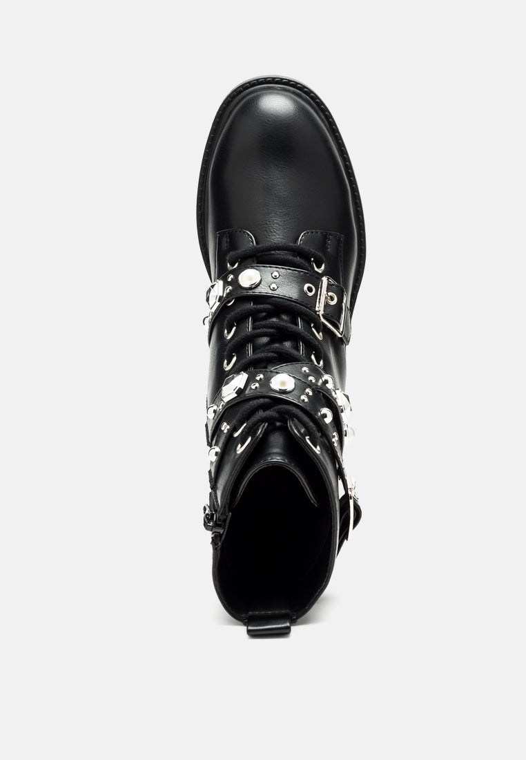 Tucker Studded Strped Lace-Up Biker Boots - Glamourous Grace