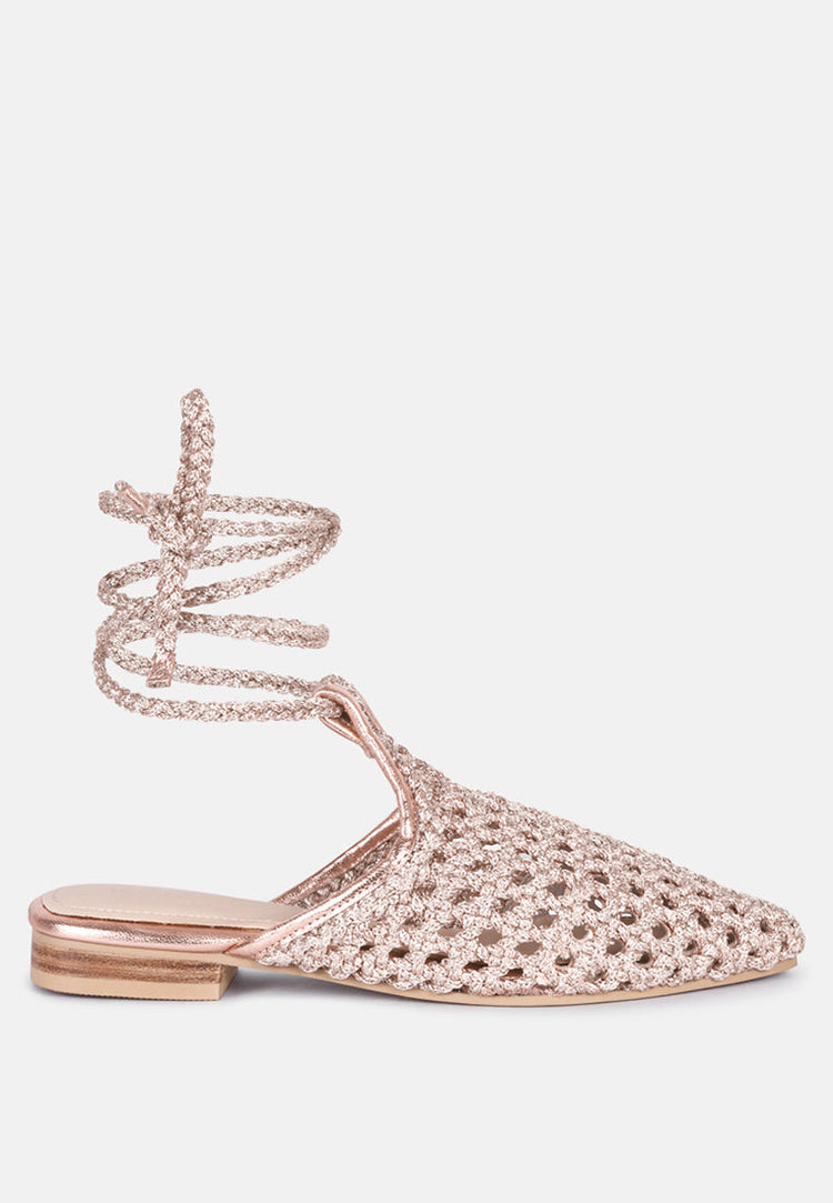Tutsi Handwoven Honeycomb Cotton Tie Up Mules Flats - Glamourous Grace