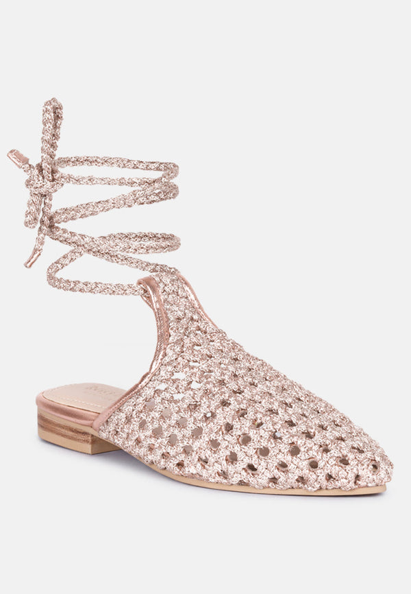 Tutsi Handwoven Honeycomb Cotton Tie Up Mules Flats - Glamourous Grace