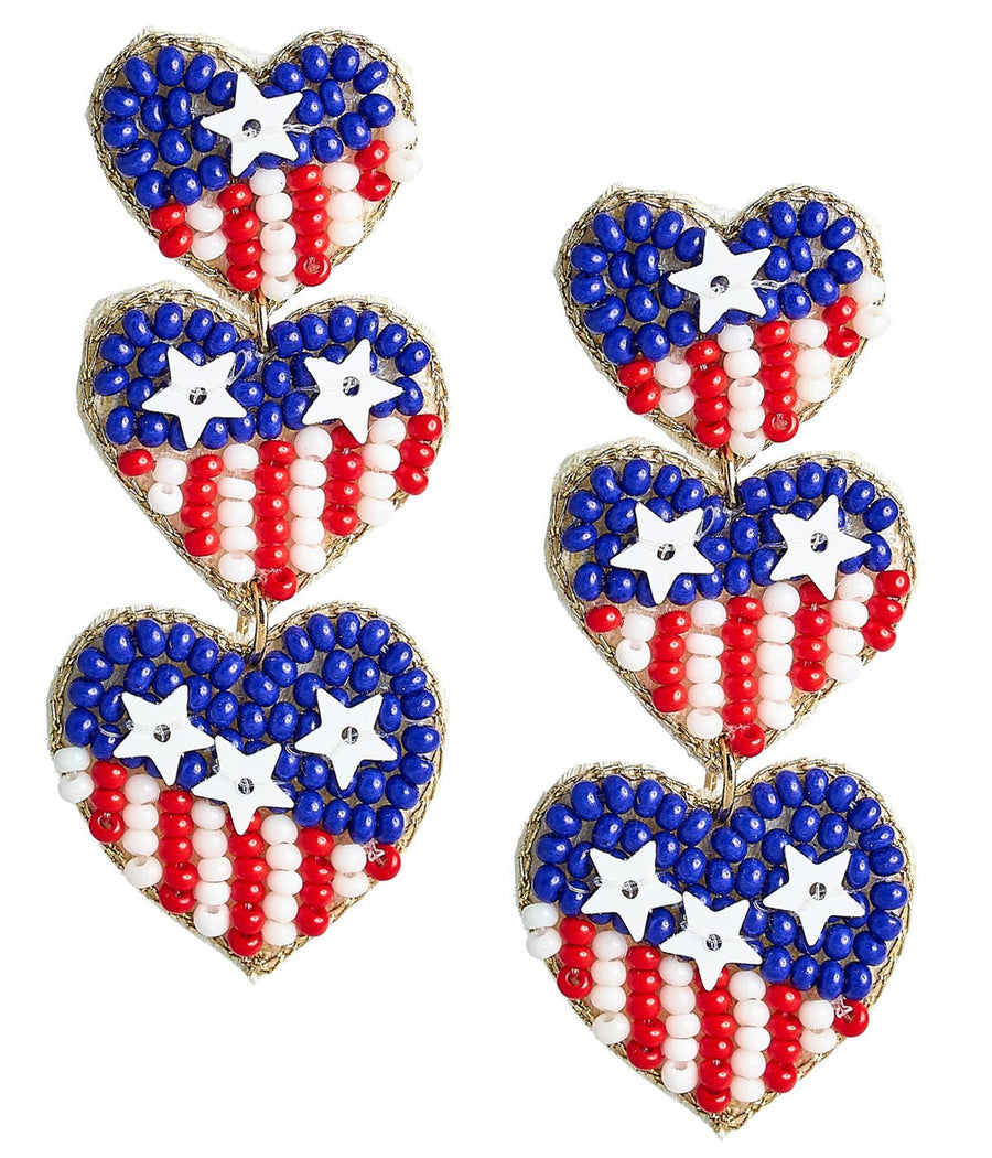 USA Beaded Heart Earrings - RED WHITE & BLUE - Glamourous Grace