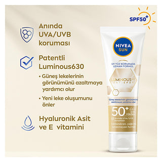 Nivea Sun Luminous630 SPF 50 Face Sunscreen: Reduce Dark Spots, Anti-Aging, Hyaluronic Acid - Daily Sun Protection Cream - Glamourous Grace