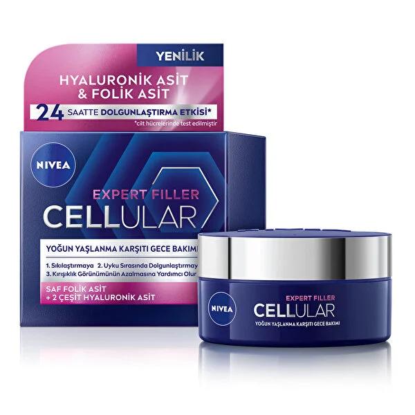 Nivea Anti-Aging Night Face Cream - Nivea Cellular Expert Filler, Firming, Anti-Wrinkle, Hyaluronic Acid, Folic Acid, 1.69 fl oz - Glamourous Grace