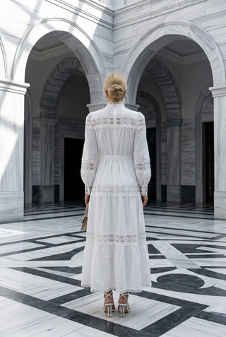 White Lace Trim Tiered Maxi Dress