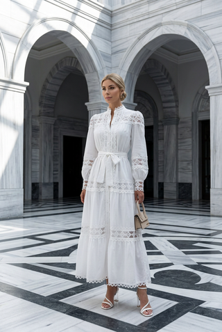 White Lace Trim Tiered Maxi Dress