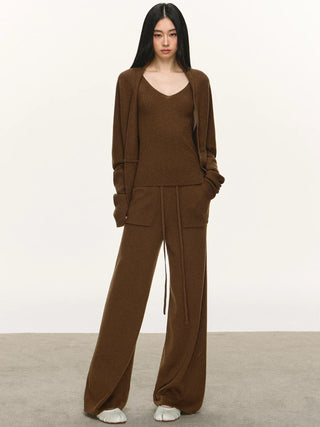 Women's Casual Wool Knit Cardigan Vest and Pants Set