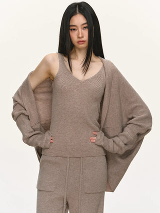 Women's Casual Wool Knit Cardigan Vest and Pants Set