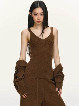 Women's Casual Wool Knit Cardigan Vest and Pants Set