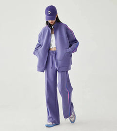 Women's Loose Fit Hooded Zipper Jacket and Straight Trousers Set