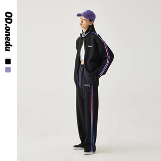 Women's Loose Fit Hooded Zipper Jacket and Straight Trousers Set