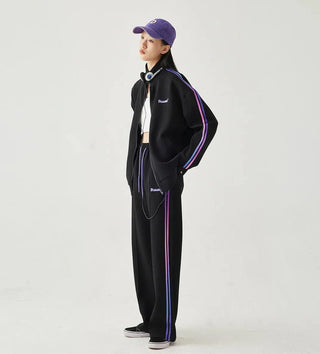 Women's Loose Fit Hooded Zipper Jacket and Straight Trousers Set
