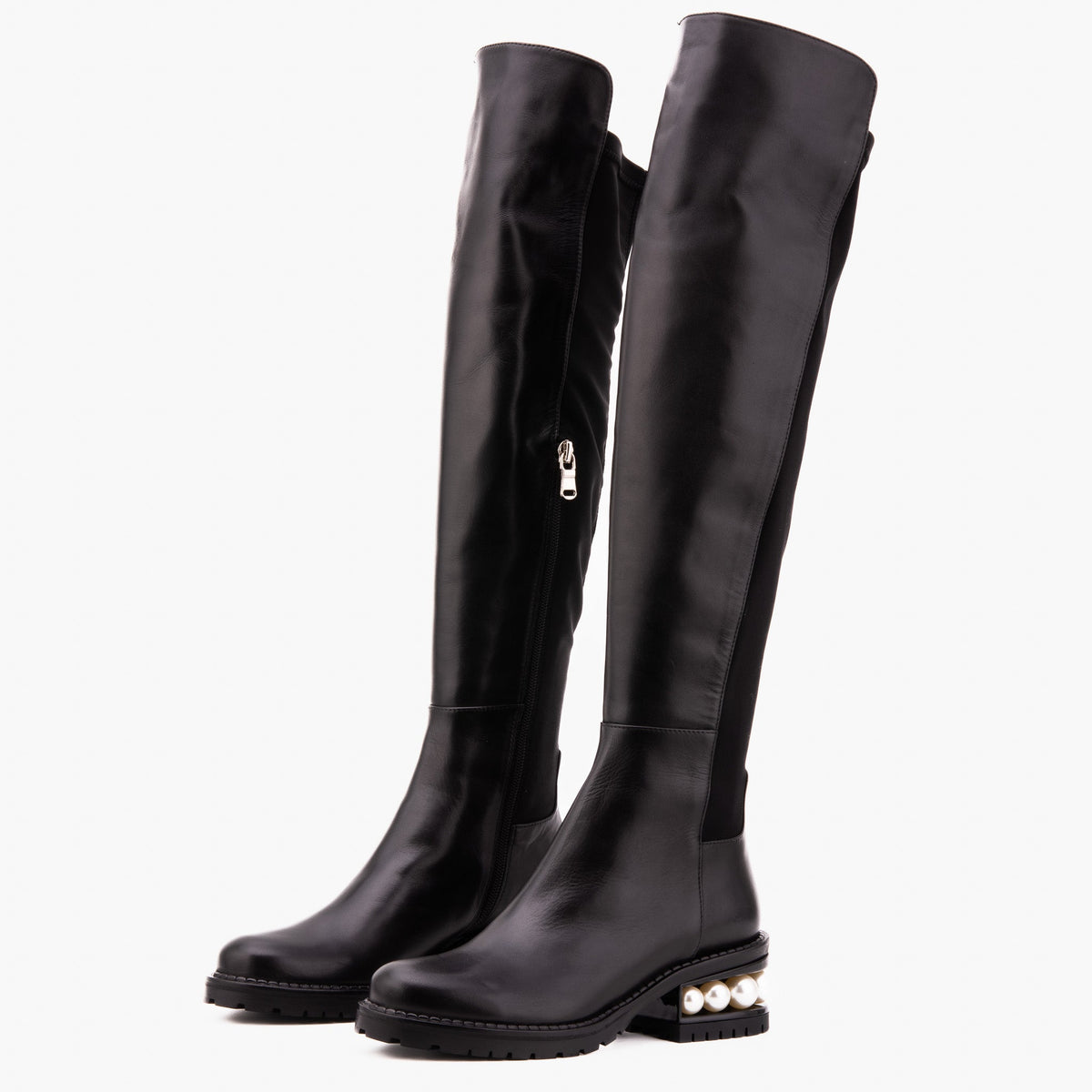 The Valeria Pearl Heel Knee-High Women Black Leather Boot
