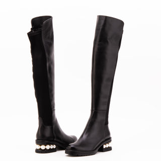 The Valeria Pearl Heel Knee-High Women Black Leather Boot