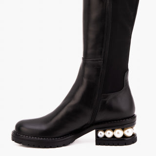 The Valeria Pearl Heel Knee-High Women Black Leather Boot