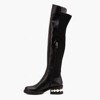 The Valeria Pearl Heel Knee-High Women Black Leather Boot
