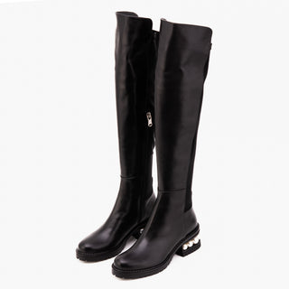 The Valeria Pearl Heel Knee-High Women Black Leather Boot