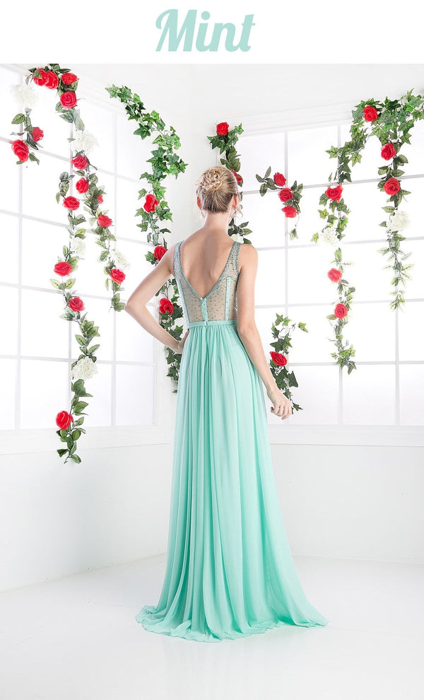 Cinderella Divine 5061 Sheer Beaded Strap Flowy Evening Dress - Glamourous Grace