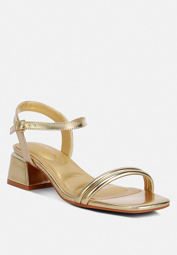 Zabou Metallic Ankle Strap Low Block Heels - Glamourous Grace