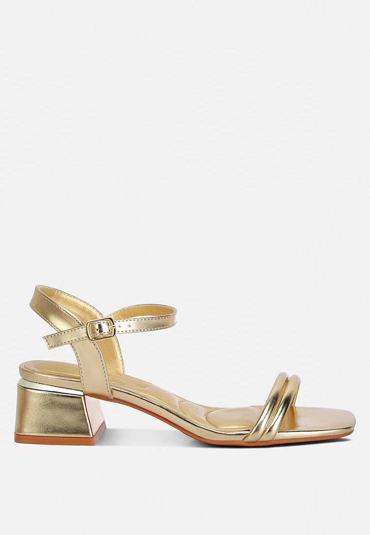 Zabou Metallic Ankle Strap Low Block Heels - Glamourous Grace