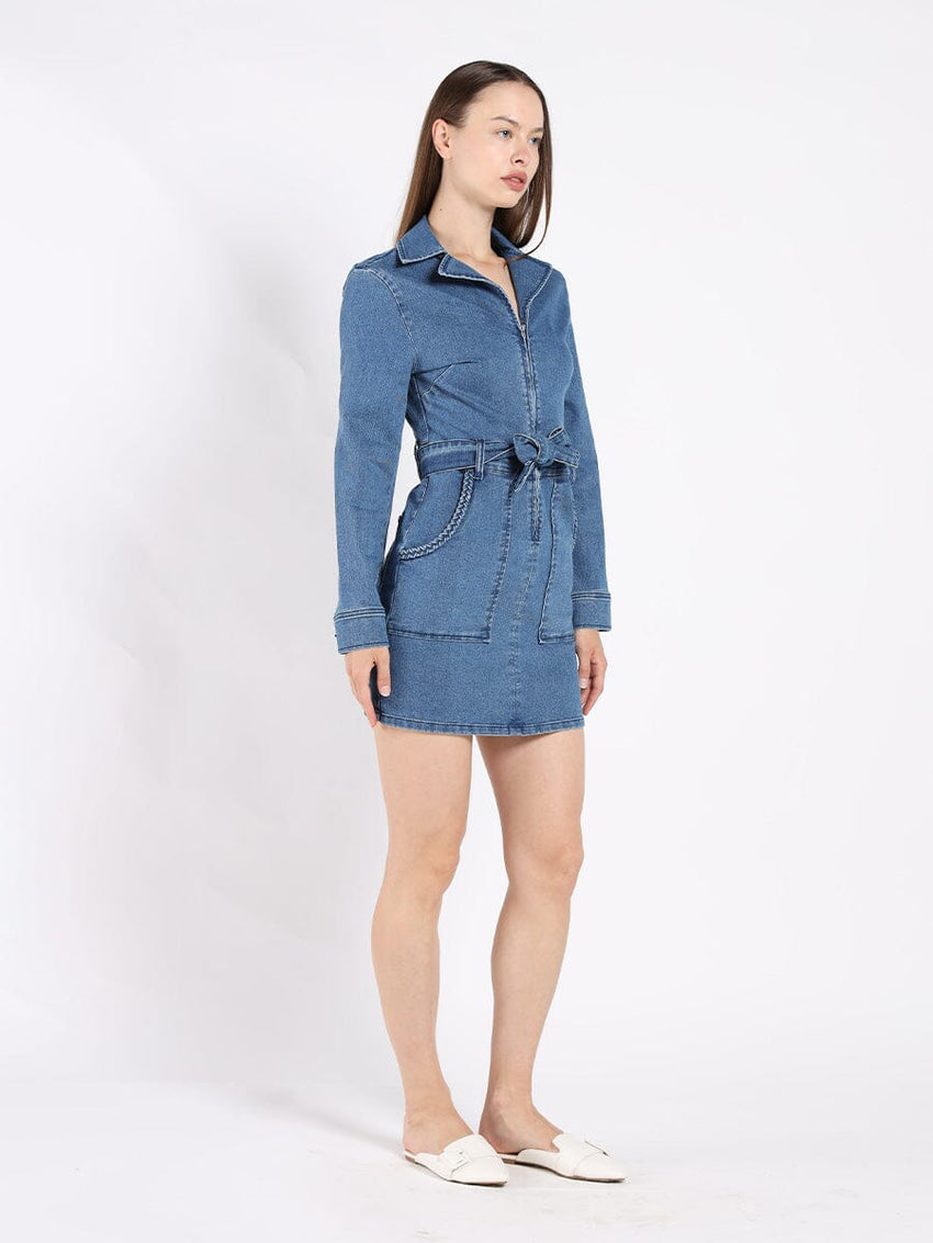 Zippered Denim Shirt Dress