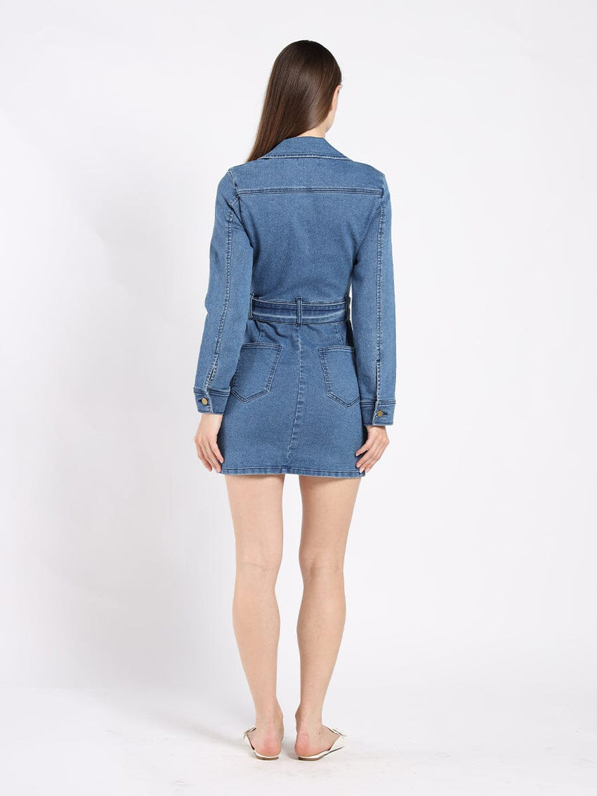 Zippered Denim Shirt Dress