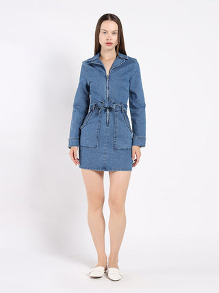 Zippered Denim Shirt Dress
