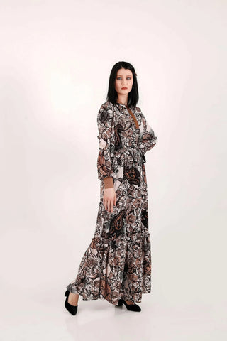 BY Baano paisley maxi dress with long sleeves, flowing fabric, and intricate paisley pattern, perfect for elegant summer wear.